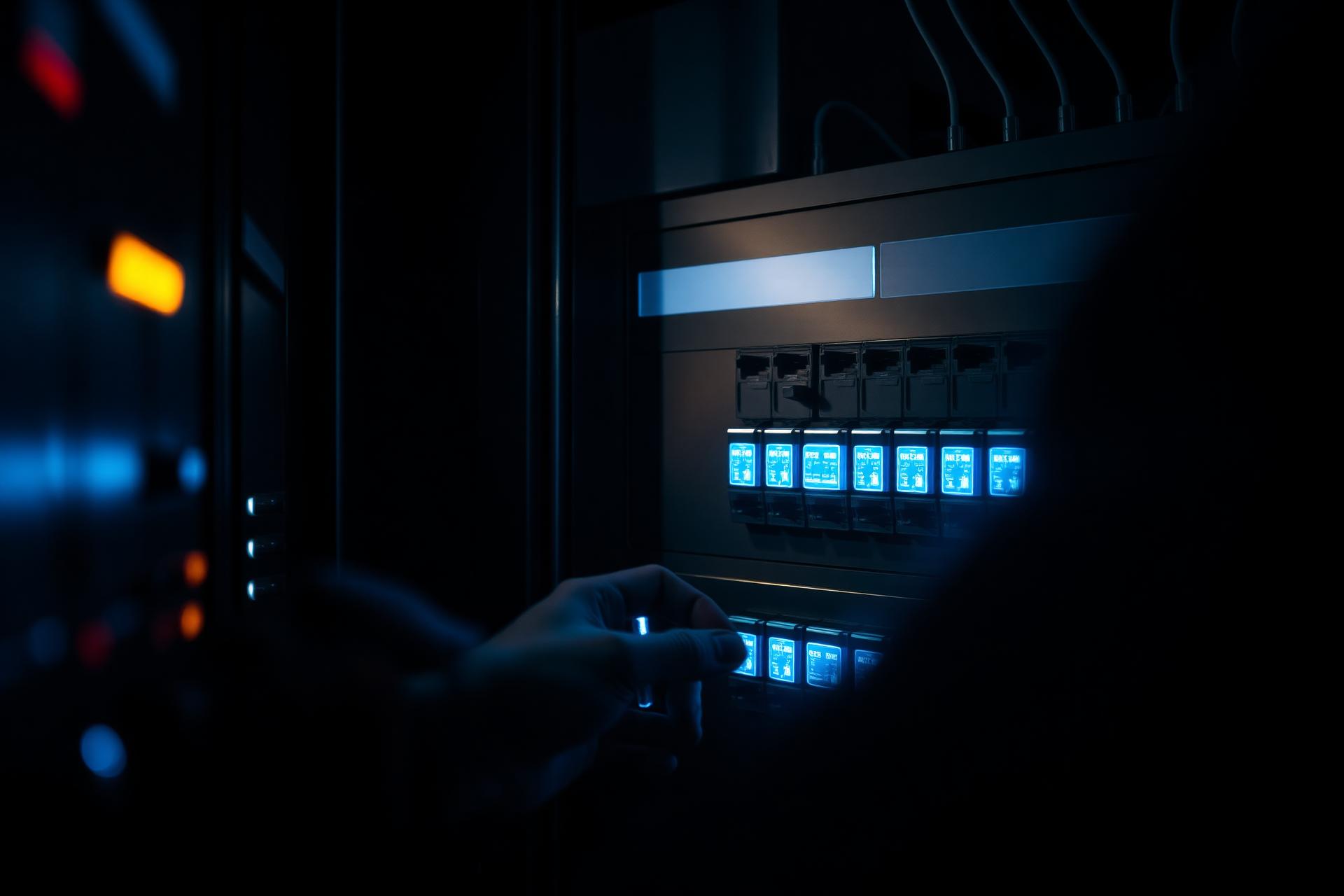 Moderner Elektro-Schaltschrank mit blauer LED-Beleuchtung